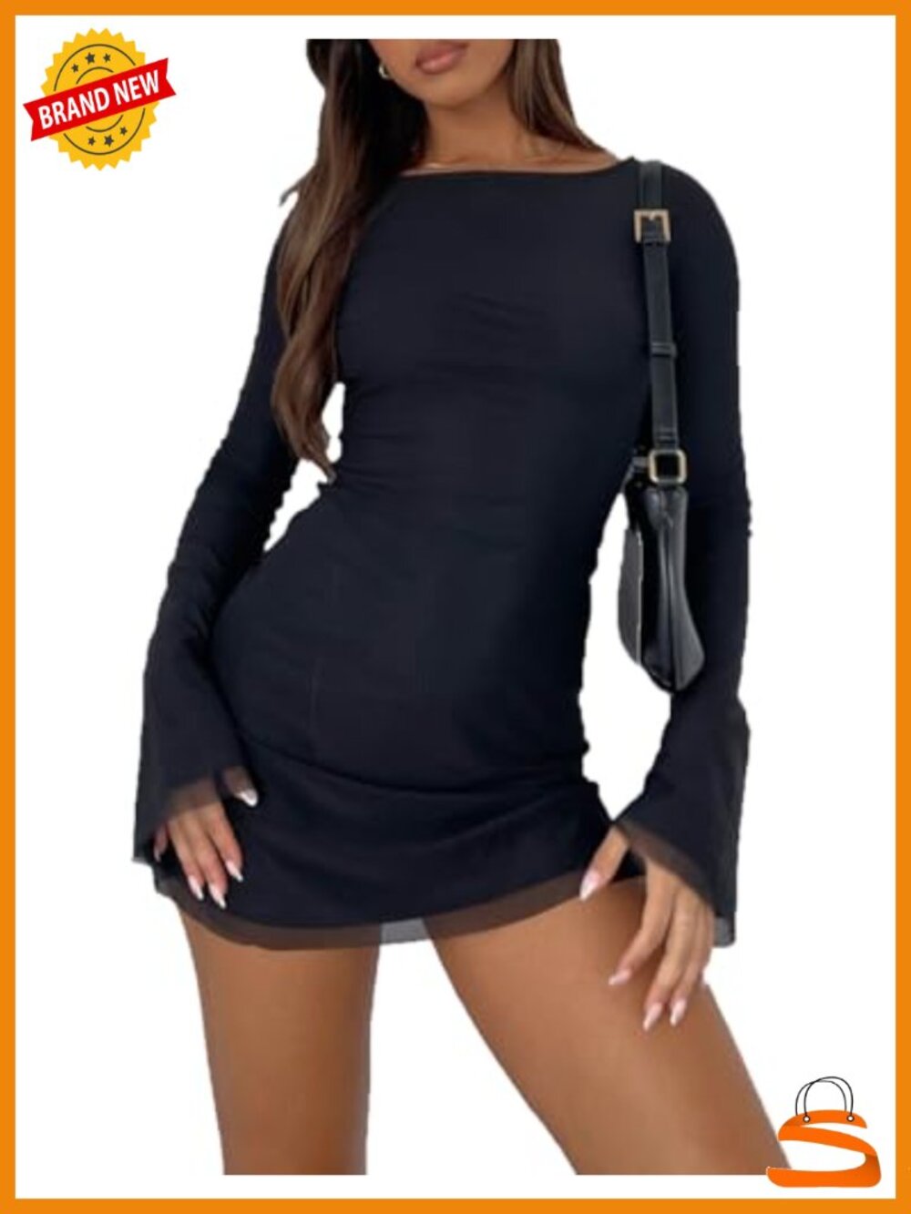 Women Long Sleeve Boat Neck Mesh Mini Dress Backless Tie Back Bodycon